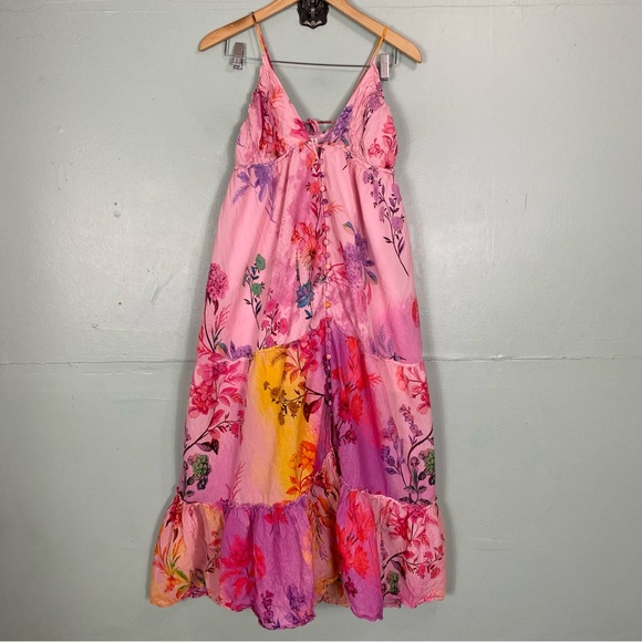 Anthropologie Alissa Tiered Floral Pink Maxi Dress Watercolor Medium Petite - Picture 2 of 10